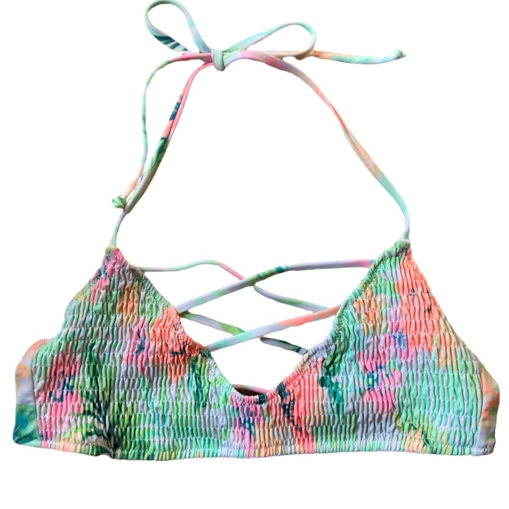 Victoria’s Secret PINK Smocked Neon Tropical Strappy Bikini Top Like New Small